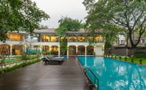 The Banyan Club clubhouse and 25-metre outdoor pool at Alembic City, Vadodara